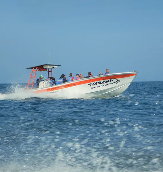 Bateau de plongée orange et blanc navigue sur une mer bleue calme