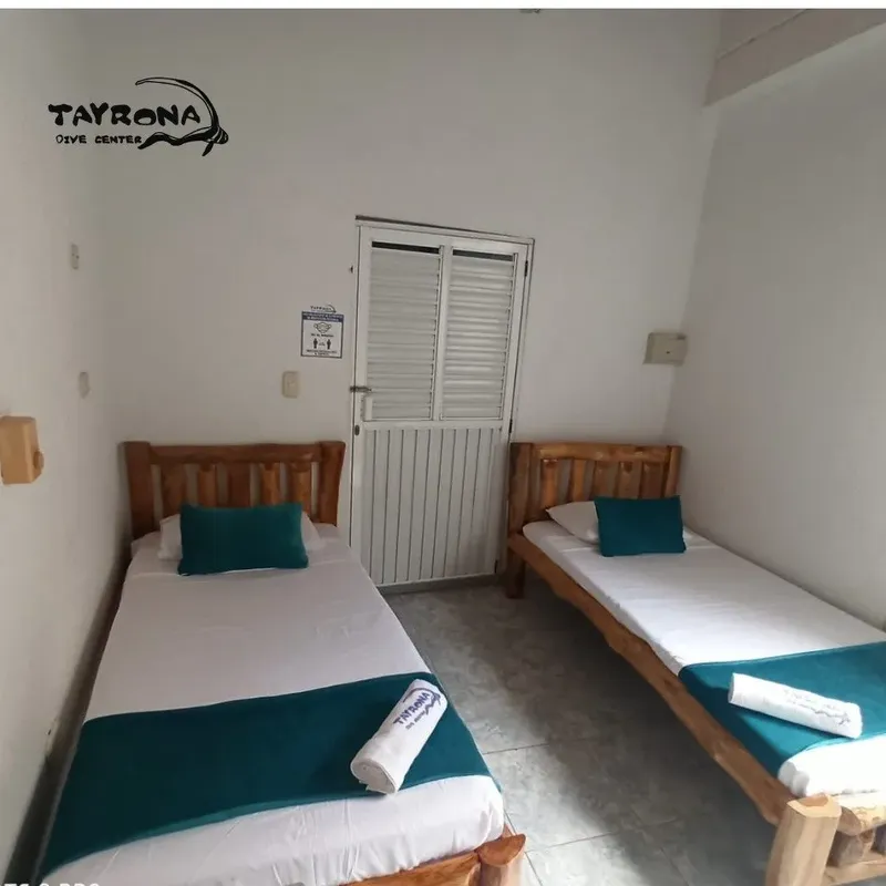 Chambre avec lits simples, oreillers verts et serviettes roulées