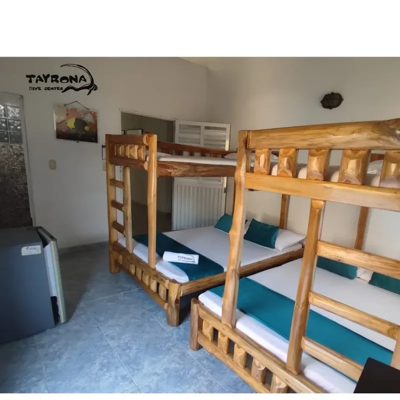 Lits superposés en bois dans une chambre simple et fonctionnelle