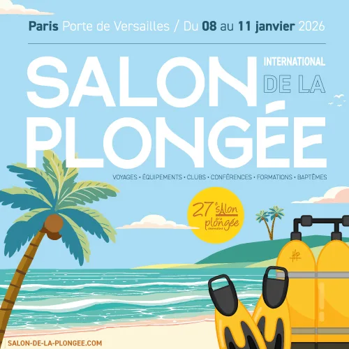 Affiche du salon de la plongée à Paris, palmes et bouteilles