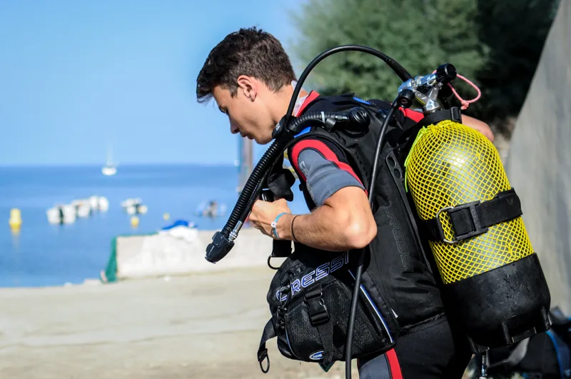 Plongeur préparant son équipement sur une plage ensoleillée