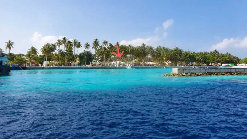 Vue d'une lagune turquoise avec des palmiers et des bateaux amarrés