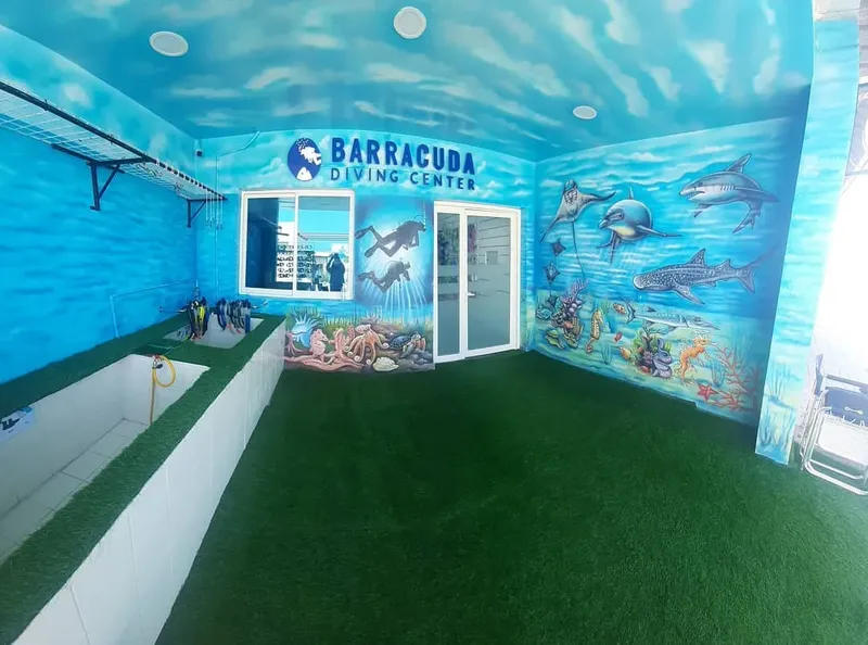 Intérieur d'un centre de plongée avec mur peint et équipement visible