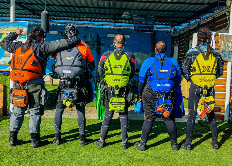 Groupe de plongeurs équipés, dos à la caméra, préparant une sortie