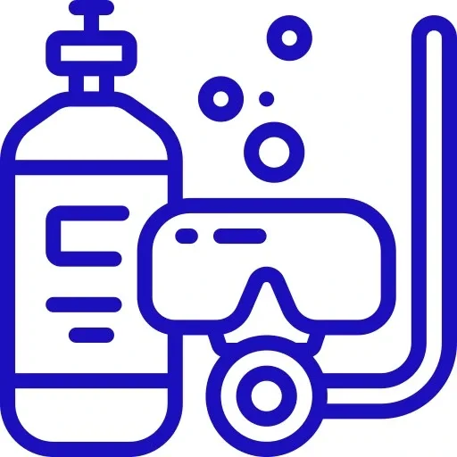Equipement de plongée : bouteille, masque et tuba, illustration vectorielle bleue