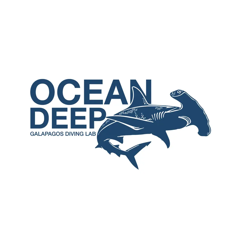 Logo bleu avec un requin marteau, une tortue et le texte Ocean Deep