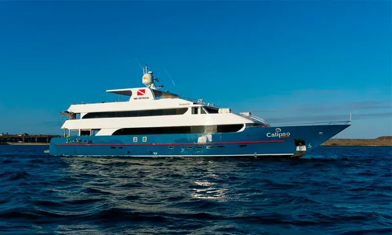 Grand bateau de plongée bleu et blanc navigue sur une mer calme