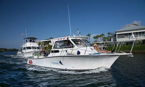 Deux bateaux de plongée naviguent sur une eau calme et ensoleillée