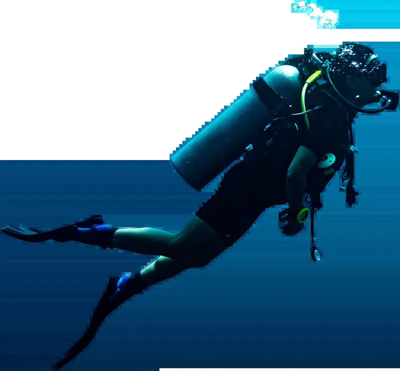 Plongeur en combinaison noire nageant dans une eau bleue claire