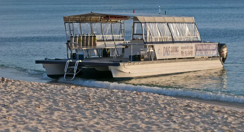 Catamaran de plongée amarré sur une plage de sable clair