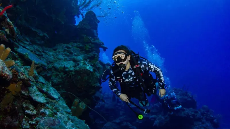 Plongeur explore un récif corallien bleu et rocheux en toute sécurité