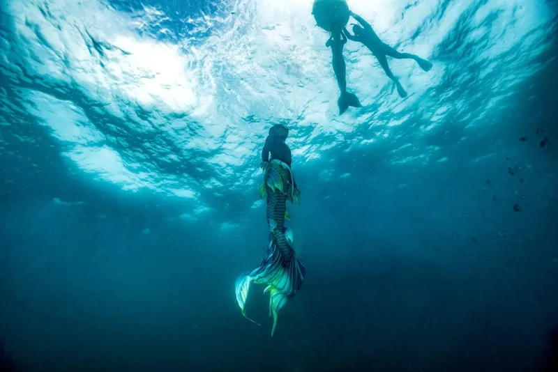 Deux nageuses en apnée, lumière du soleil filtrant à travers l'eau