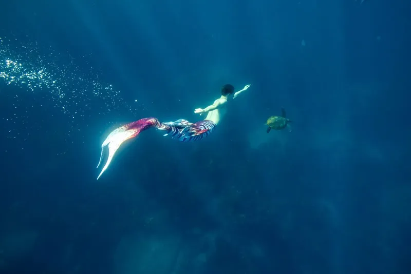 nageuse avec queue de sirène et tortue marine en bleu