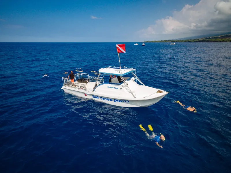 Plongée en mer : un bateau de plongée avec des nageurs et snorkelers