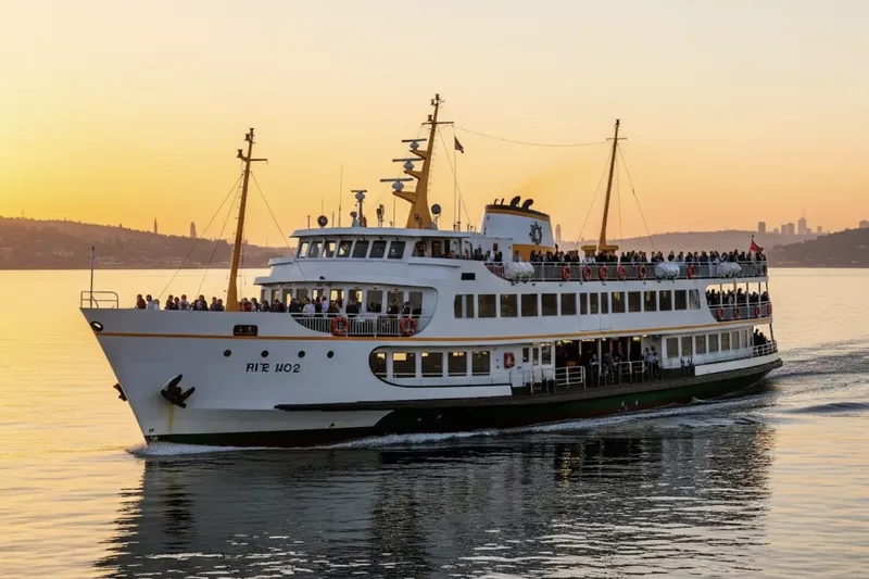 Grand bateau de passagers naviguant sur une mer calme au coucher du soleil