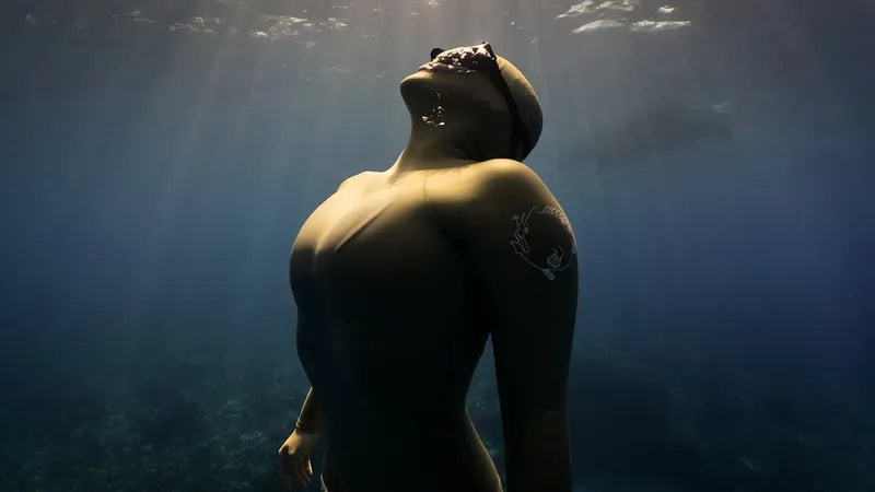 Apnea, nageur en immersion, regard vers la surface, lumière divine
