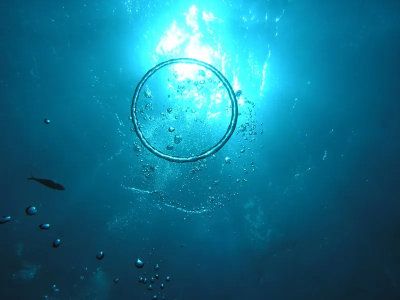 Bulles remontant vers la surface dans une eau bleue claire