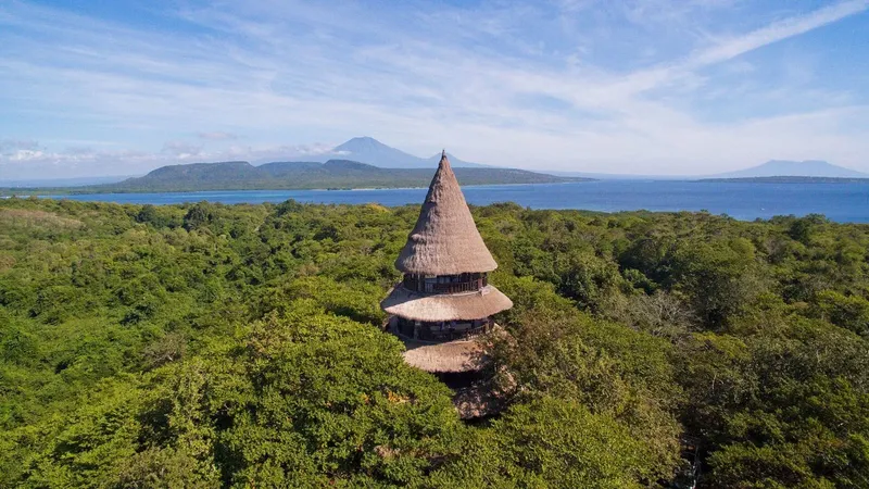 Vue aérienne d'une structure circulaire en bois et chaume entourée de végétation