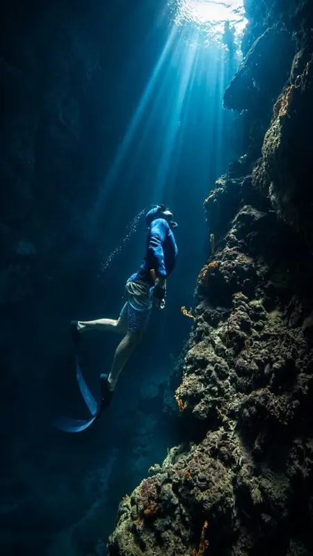 Apnea en exploration sous-marine, nageur remontant vers la lumière