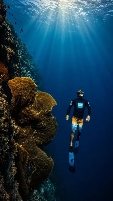 Apnée : un plongeur évolue au milieu des rayons lumineux sous-marins