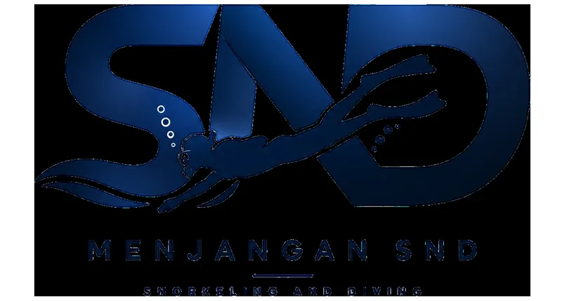 Plongeur stylisé en bleu foncé avec le texte Menjangan Snd en dessous