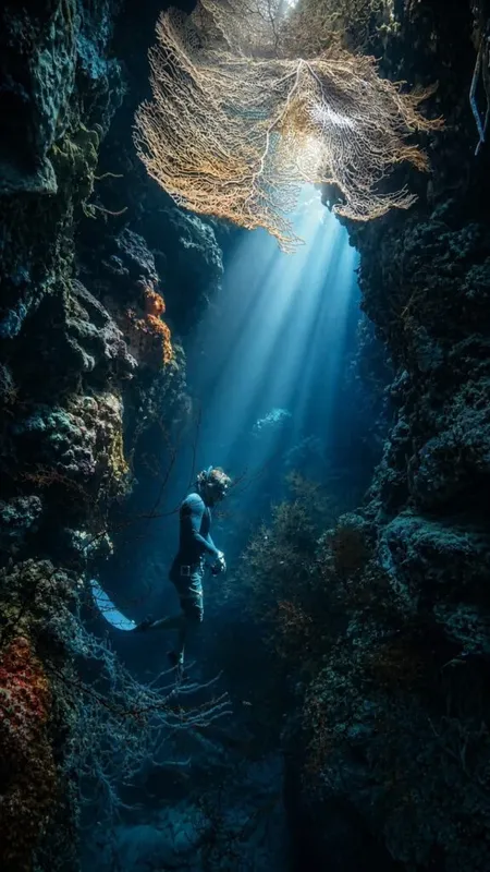 Plongeur explorant une grotte sous-marine avec des rayons de lumière