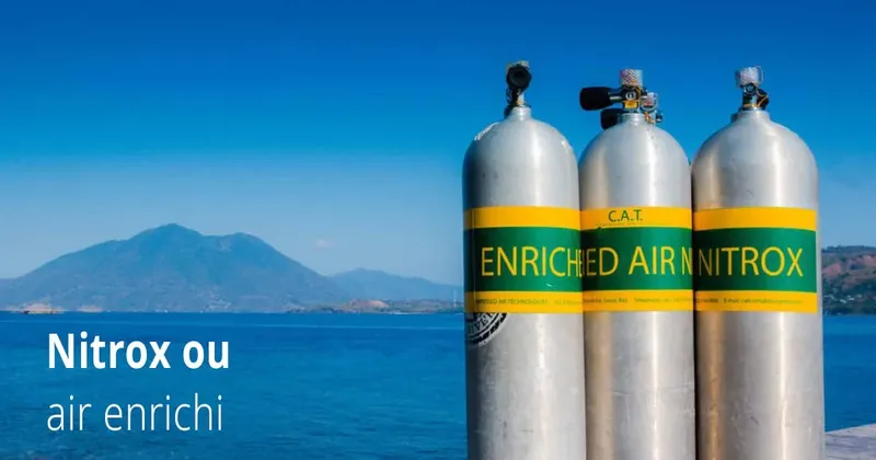 Trois bouteilles de plongée Nitrox alignées avec vue sur la mer