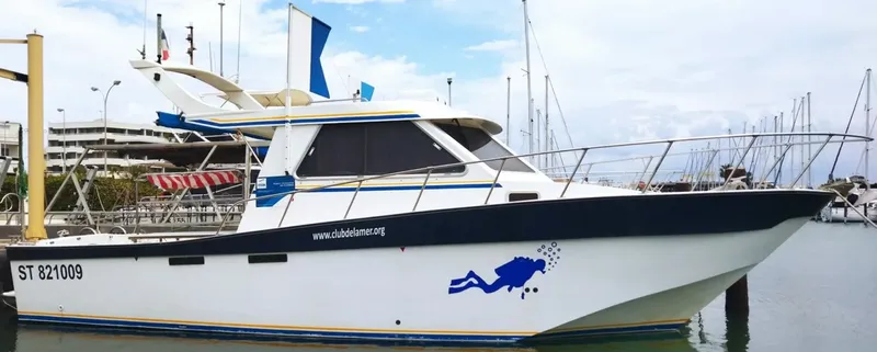 Bateau de plongée amarré dans un port ensoleillé avec un plongeur dessiné