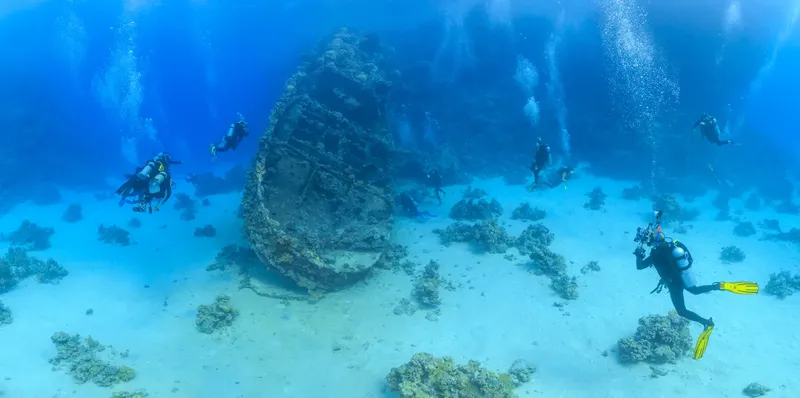 Plongeurs explorent une épave recouverte de coraux en milieu aquatique