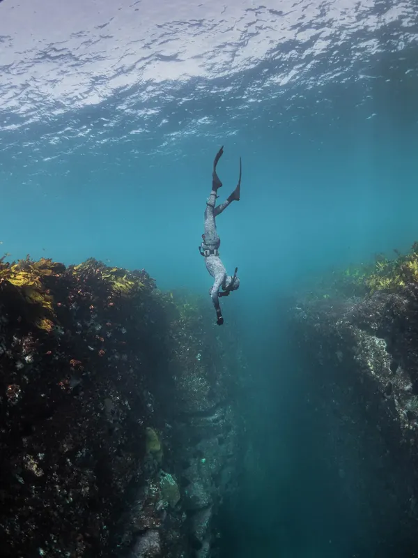 Apnea, plongeur en immersion verticale dans une eau turquoise claire