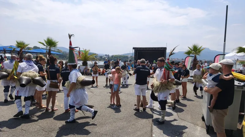 Groupe de danseurs en costumes traditionnels sur un quai ensoleillé