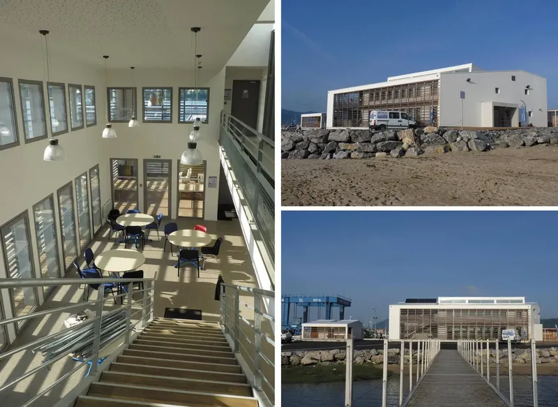 Bâtiment moderne du centre de plongée avec accès direct au ponton