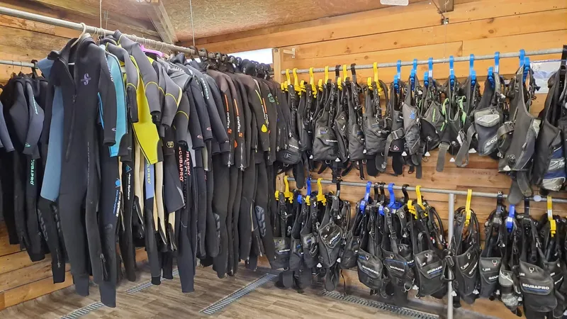 Rangées de combinaisons et de matériel de plongée dans un local