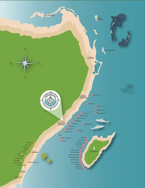 Carte de la péninsule du Yucatán avec des spots de plongée et faune marine