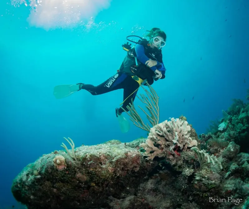 Plongeuse explorant un récif corallien en milieu aquatique bleu turquoise