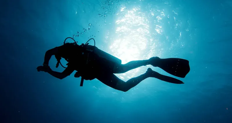 Plongeur silhouetté nageant vers la surface, lumière du soleil filtrant