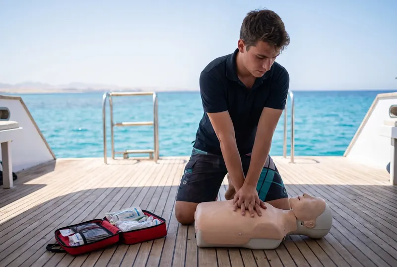Un homme effectue un massage cardiaque sur un mannequin sur un bateau