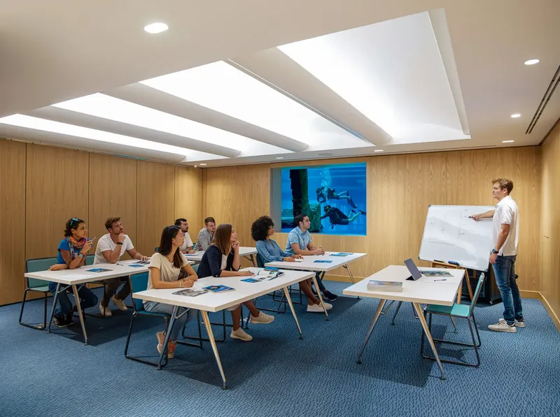 Cours de plongée en salle avec un instructeur et des élèves attentifs