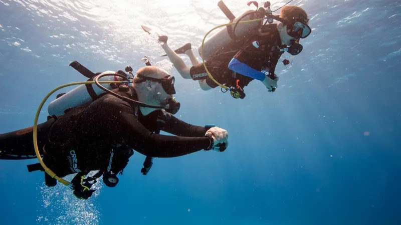 Deux plongeurs en combinaison explorent les fonds marins bleus