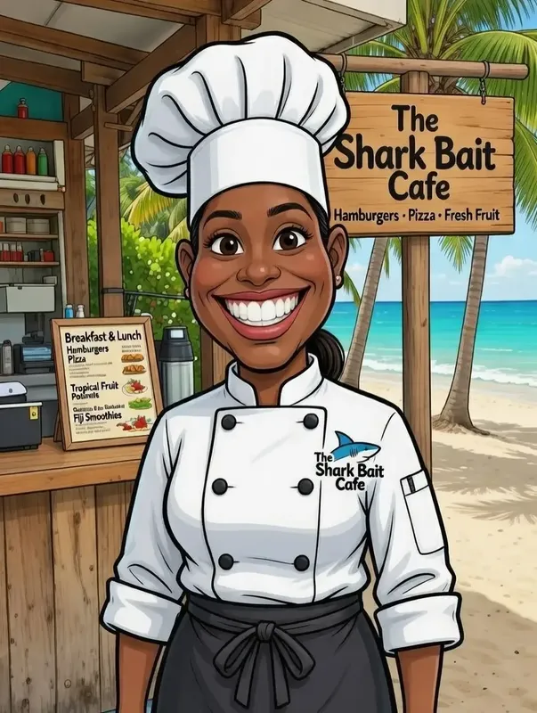 Illustration d'une cheffe souriante devant un comptoir de café tropical