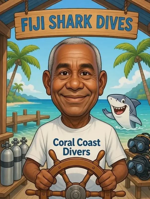 Illustration d'un homme souriant avec un requin et du matériel de plongée