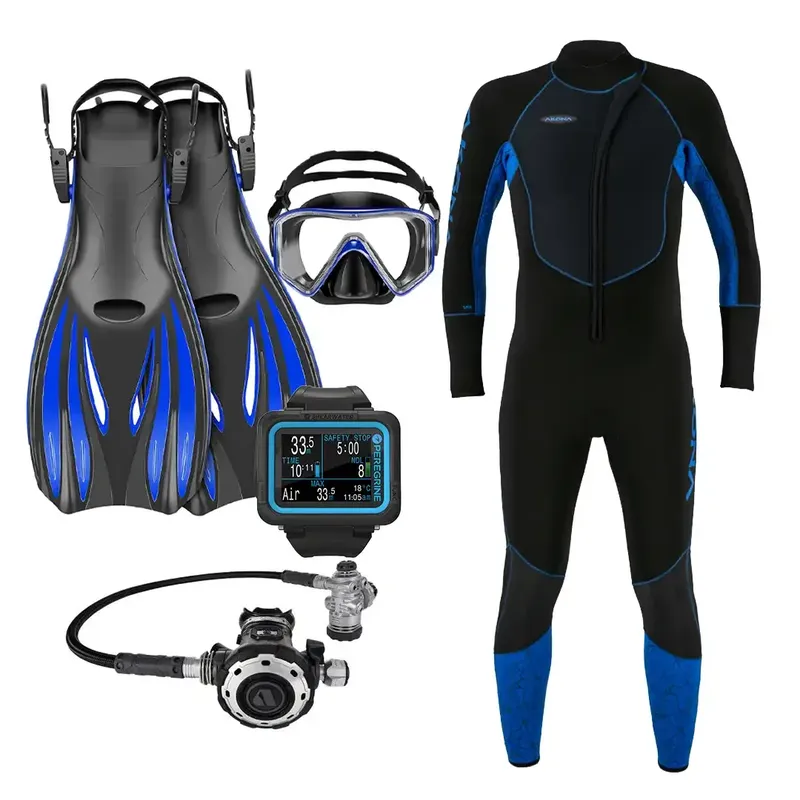 Equipement de plongée complet : palmes, masque, ordinateur, détendeur, combinaison