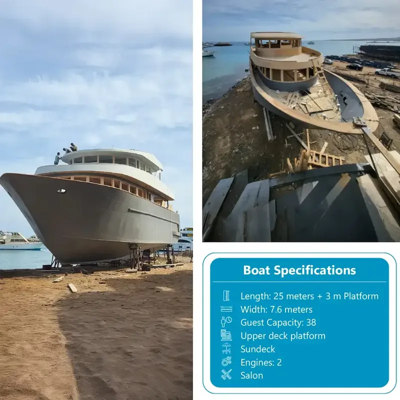 Grand yacht en construction sur des cales, avec spécifications techniques