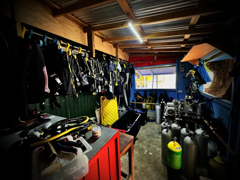 Atelier de plongée avec équipements, bouteilles et combinaisons rangés