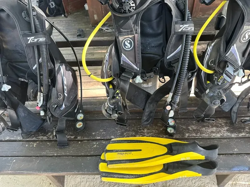 Equipement de plongée complet : gilets, détendeurs, bouteilles et palmes jaunes