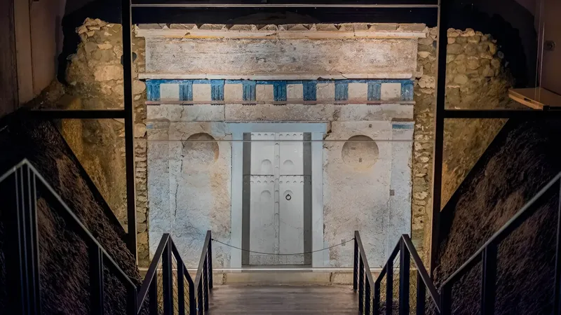 Entree d'une structure ancienne en pierre avec des escaliers métalliques