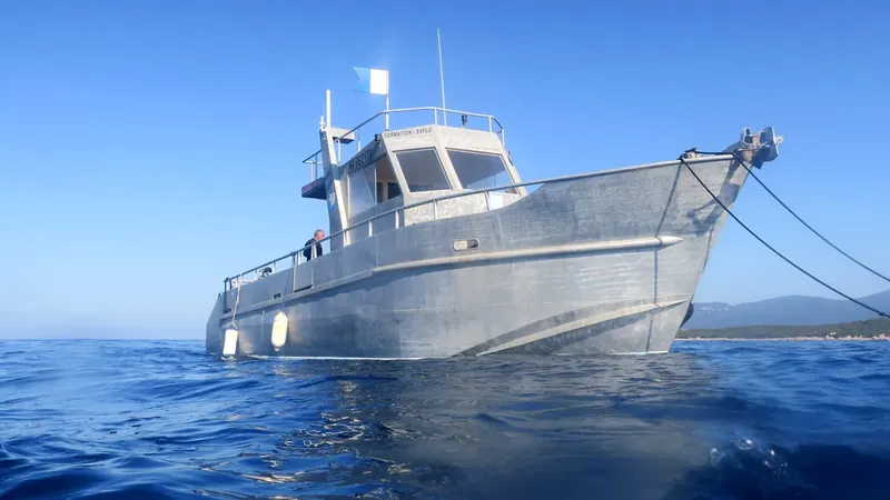 Bateau de plongée gris en mer, avec quelques personnes à bord