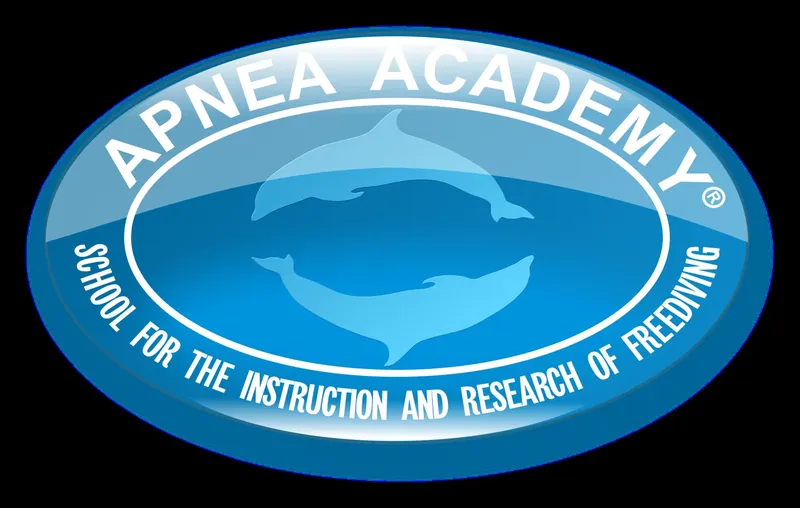 Logo bleu ovale avec des dauphins et texte pour l'apnée
