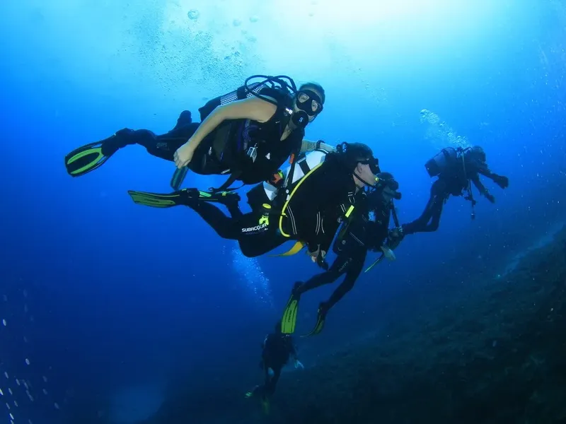 Trois plongeurs explorent un récif sous-marin en eau bleue claire