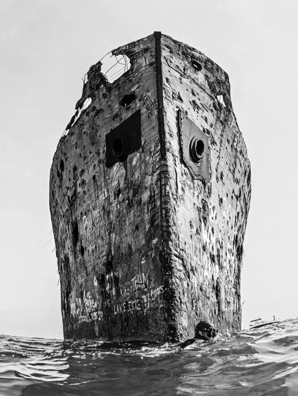 Epave de bateau visible sous la surface de l'eau, noir et blanc